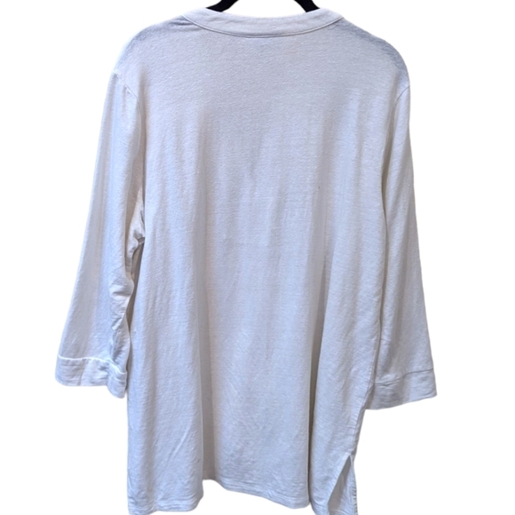 Chico's Beaded Embellished Notched Crew Neck 3/4 Sleeve White Linen Top (XL) - Picture 4 of 8